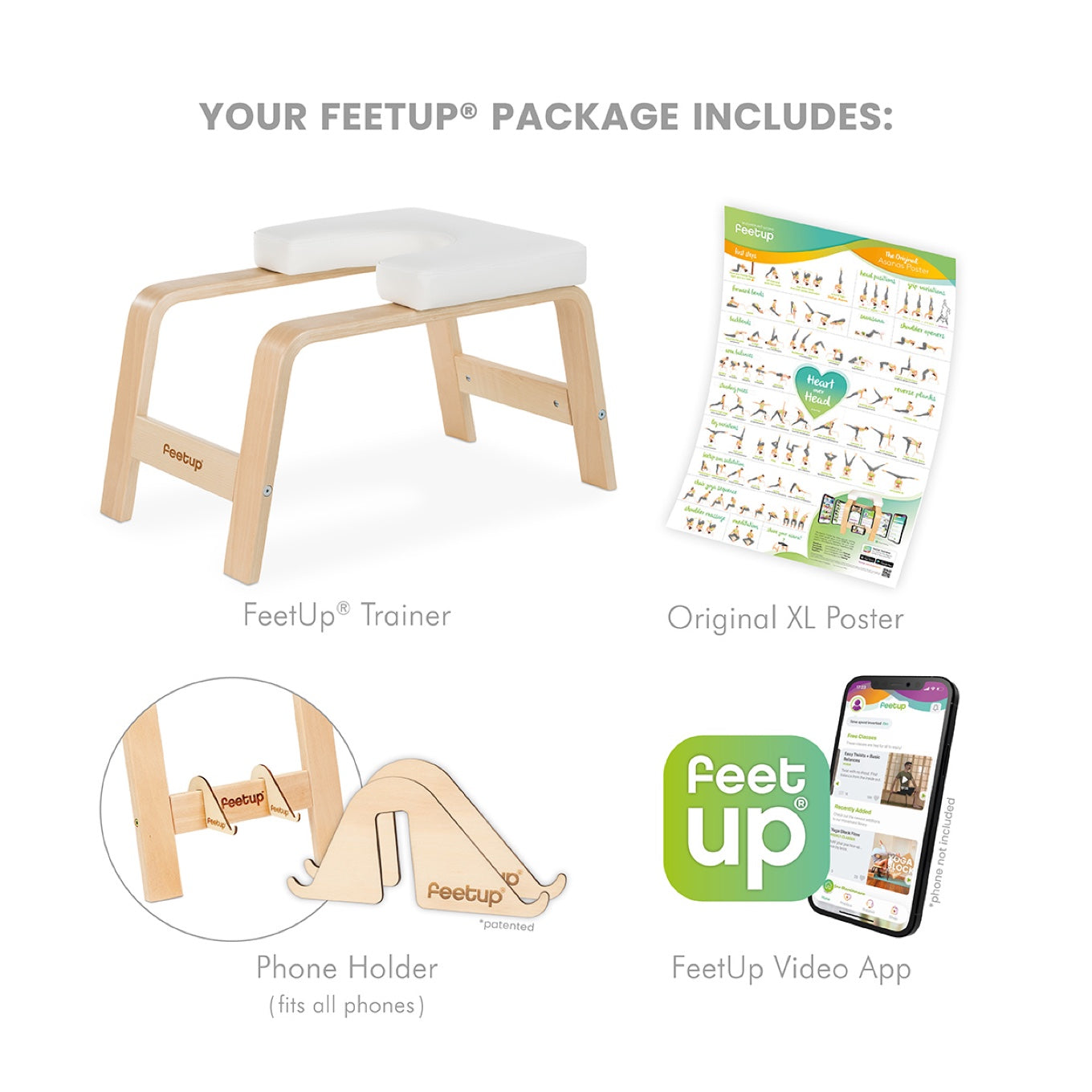 FeetUpパッケージの内容: FeetUp Trainer、オリジナルXLポーズポスター、すべてのスマホに対応する特許取得スマホホルダー、FeetUpビデオアプリ